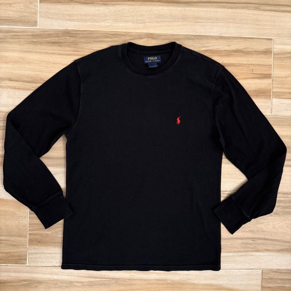 Polo Ralph Lauren Mens Large Black Waffle Knit Thermal Long Sleeve Pony Shirt